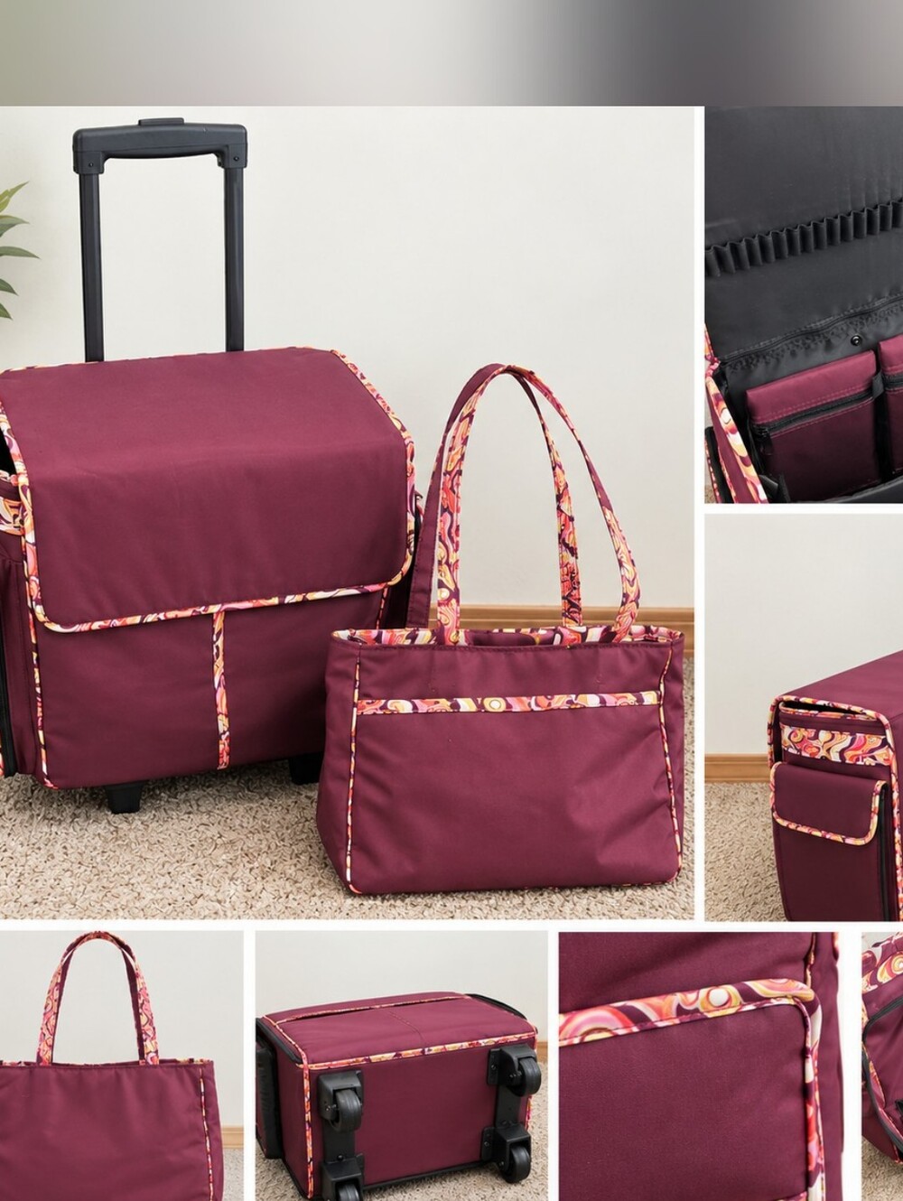 Maroon Trave Craft Tote & Rolling Craft Bag Set